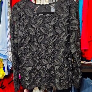 Elegant Black Leaf Patterned Peplum Style Women's Top
